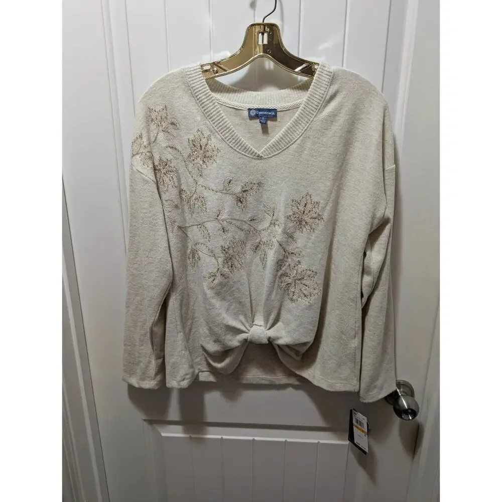 NEW! Democracy V-Neck Knot Hem Long-Sleeve Top Cream Size S Beaded Sequins